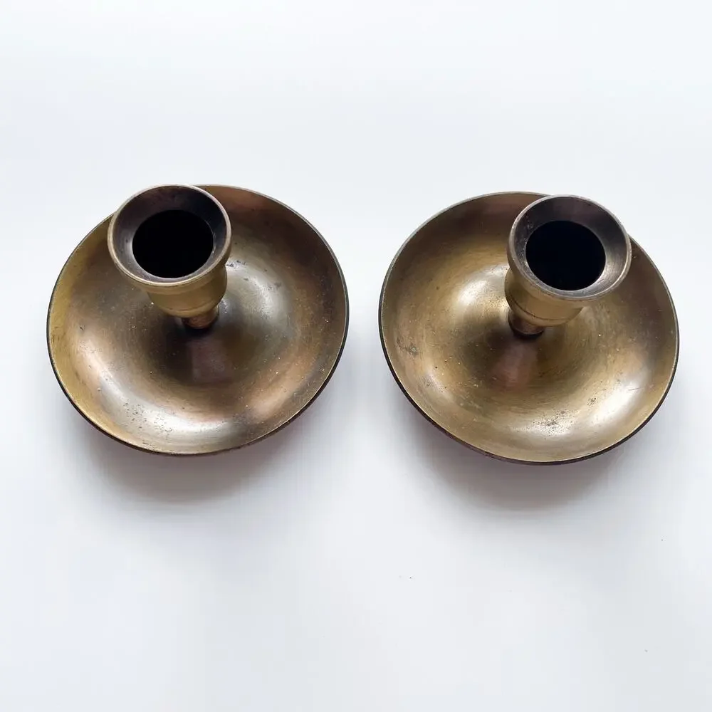 Vintage Brass Round Candlestick Holders Set of Two